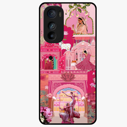 Blossoms of Rajasthan Glass Case showing flat back view with traditional floral artwork inspired by Rajasthan and glossy glass finish.