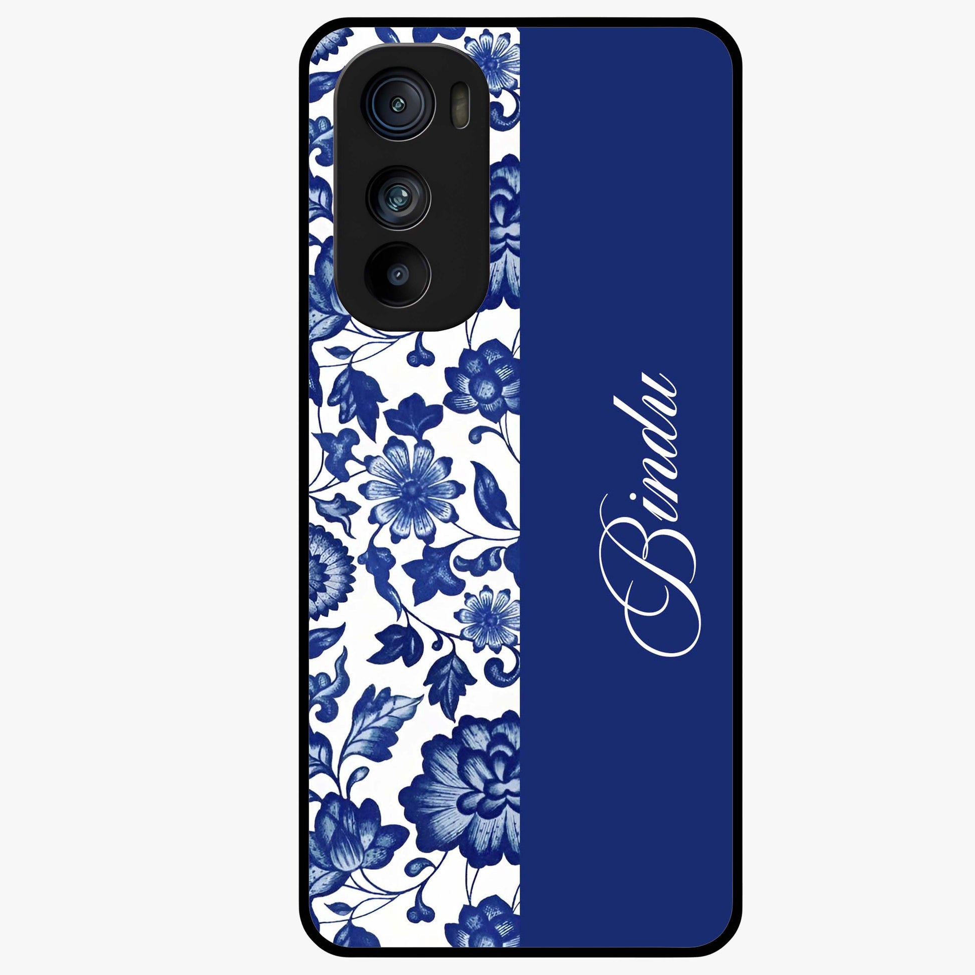 Blue Vintage Floral Pattern Glass Case upright view showcasing timeless floral illustration with vintage inspired style.