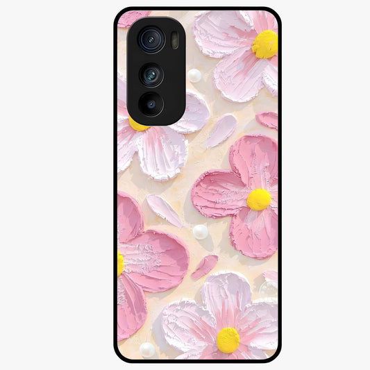 Blush Bloom Texture Glass Case showing flat back view with soft blush floral texture artwork and glossy glass finish.