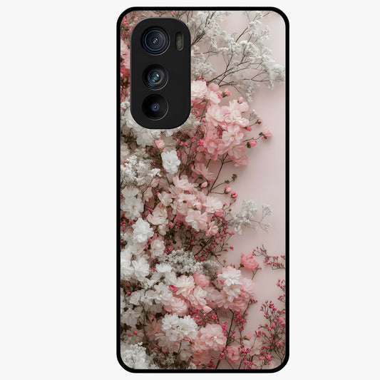 Blush Blossom Cloud Glass Case showing flat back view with dreamy blush cloud blossom artwork and glossy glass finish.