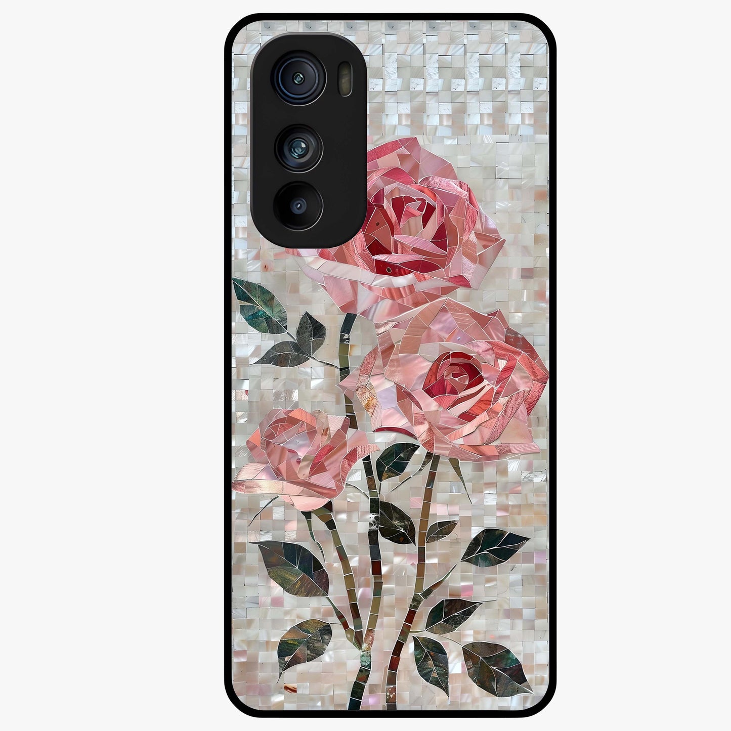 Blush Mosaic Bloom Glass Case showing flat back view with mosaic floral bloom artwork and glossy glass finish.