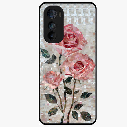 Blush Mosaic Bloom Glass Case showing flat back view with mosaic floral bloom artwork and glossy glass finish.