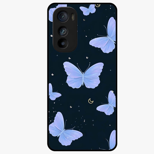 Butterfly With Stars Pattern Glass Case showing flat back view with butterfly and star pattern artwork and glossy glass finish.