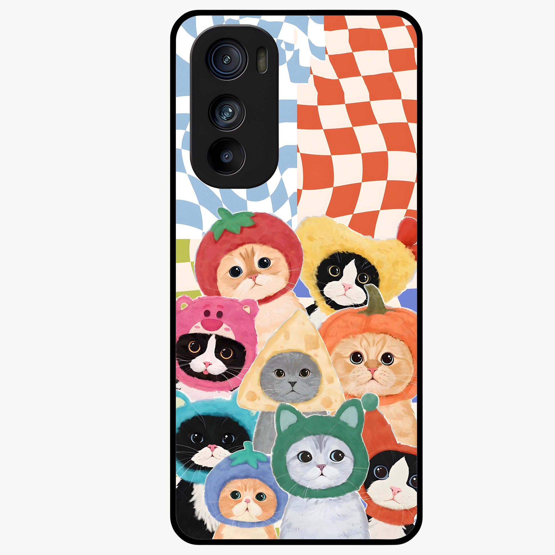 Cats in Fruits Glass Case showing flat back view with playful cat illustrations inside fruit artwork and glossy glass finish.