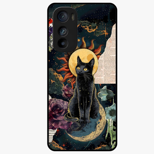 Celestial Black Cat Glass Case showing flat back view with mystical black cat artwork and glossy glass finish.