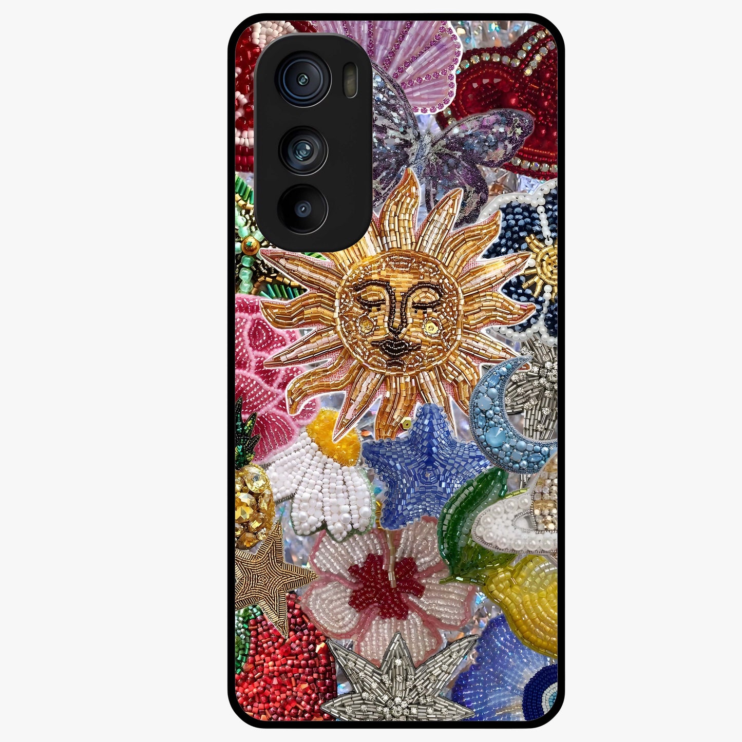 Celestial Floral and Playful Glass Case showing flat back view with floral and celestial themed artwork and glossy glass finish.