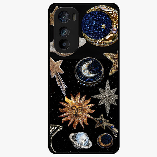 Celestial Gem Constellations Glass Case showing flat back view with sparkling constellation artwork and glossy glass finish.