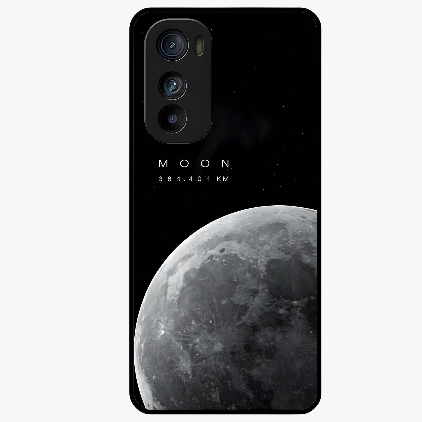 Cosmic Moon Glow Glass Case showing flat back view with glowing moon artwork and glossy glass finish.