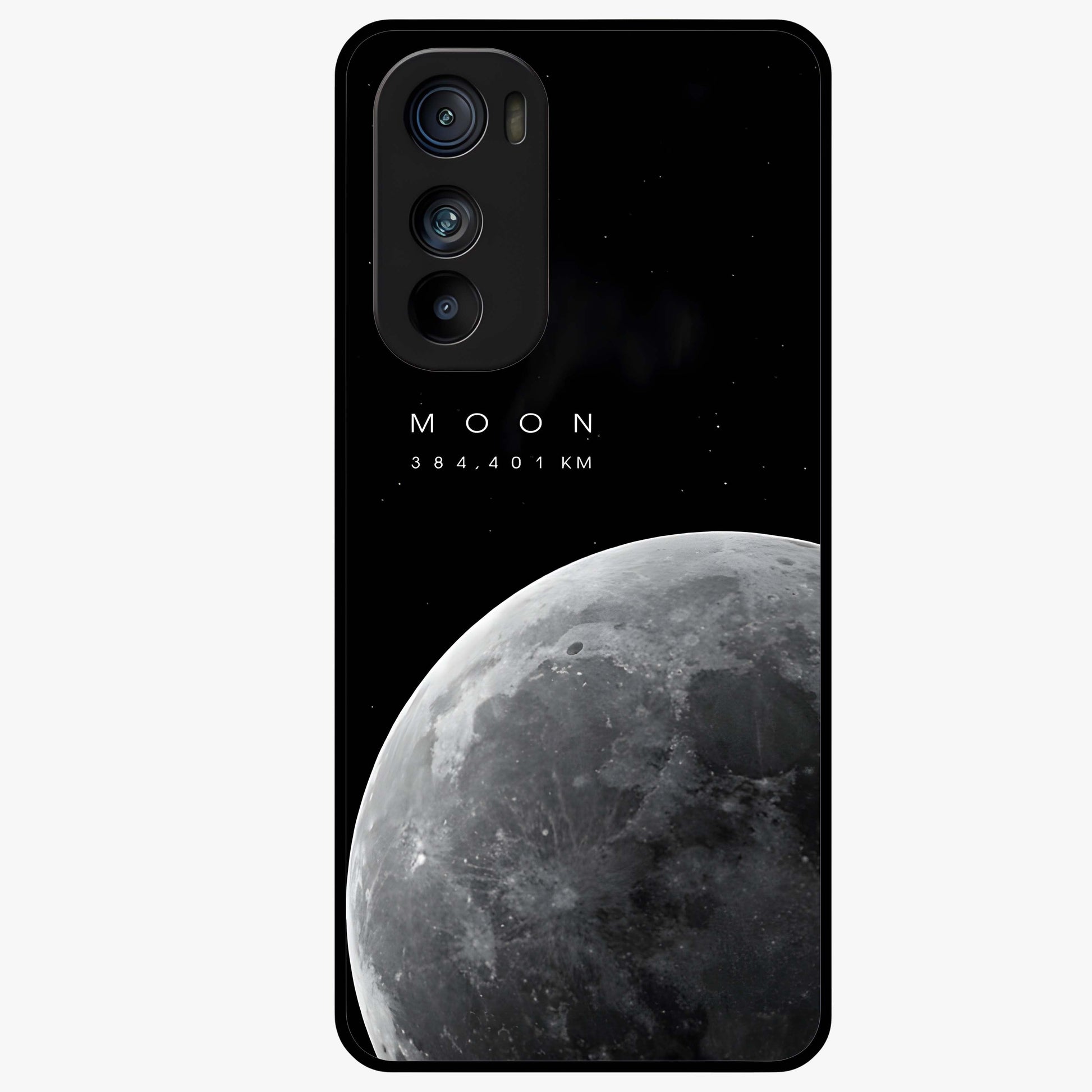 Cosmic Moon Glow Glass Case showing flat back view with glowing moon artwork and glossy glass finish.