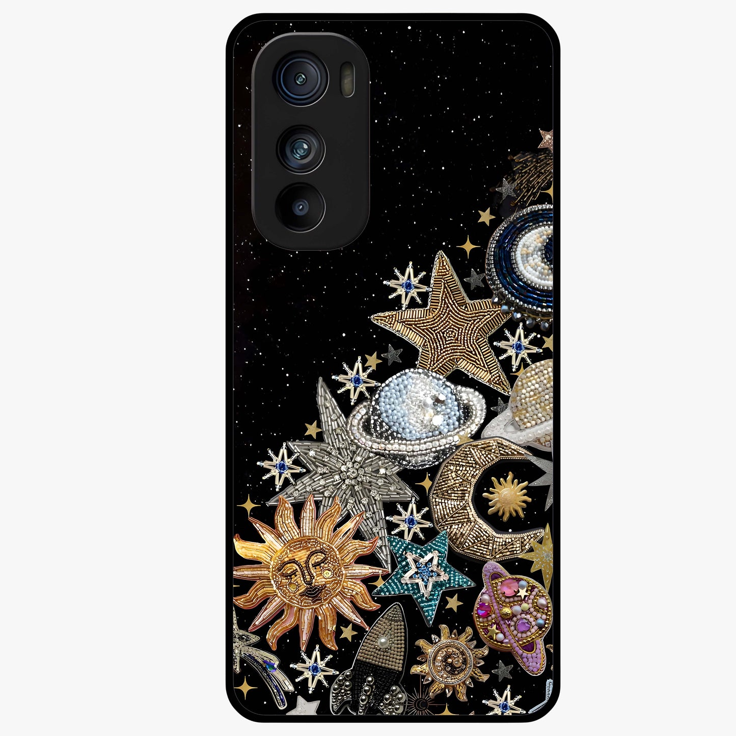 Cosmic Sparkle Dreams Glass Case showing flat back view with sparkling cosmic artwork and glossy glass finish.