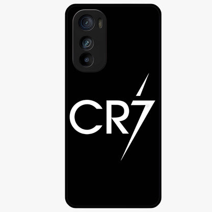 Cr7 Elite Strike Glass Case showing flat back view with dynamic football inspired artwork and glossy glass finish.