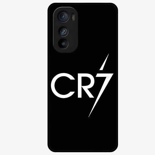 Cr7 Elite Strike Glass Case showing flat back view with dynamic football inspired artwork and glossy glass finish.