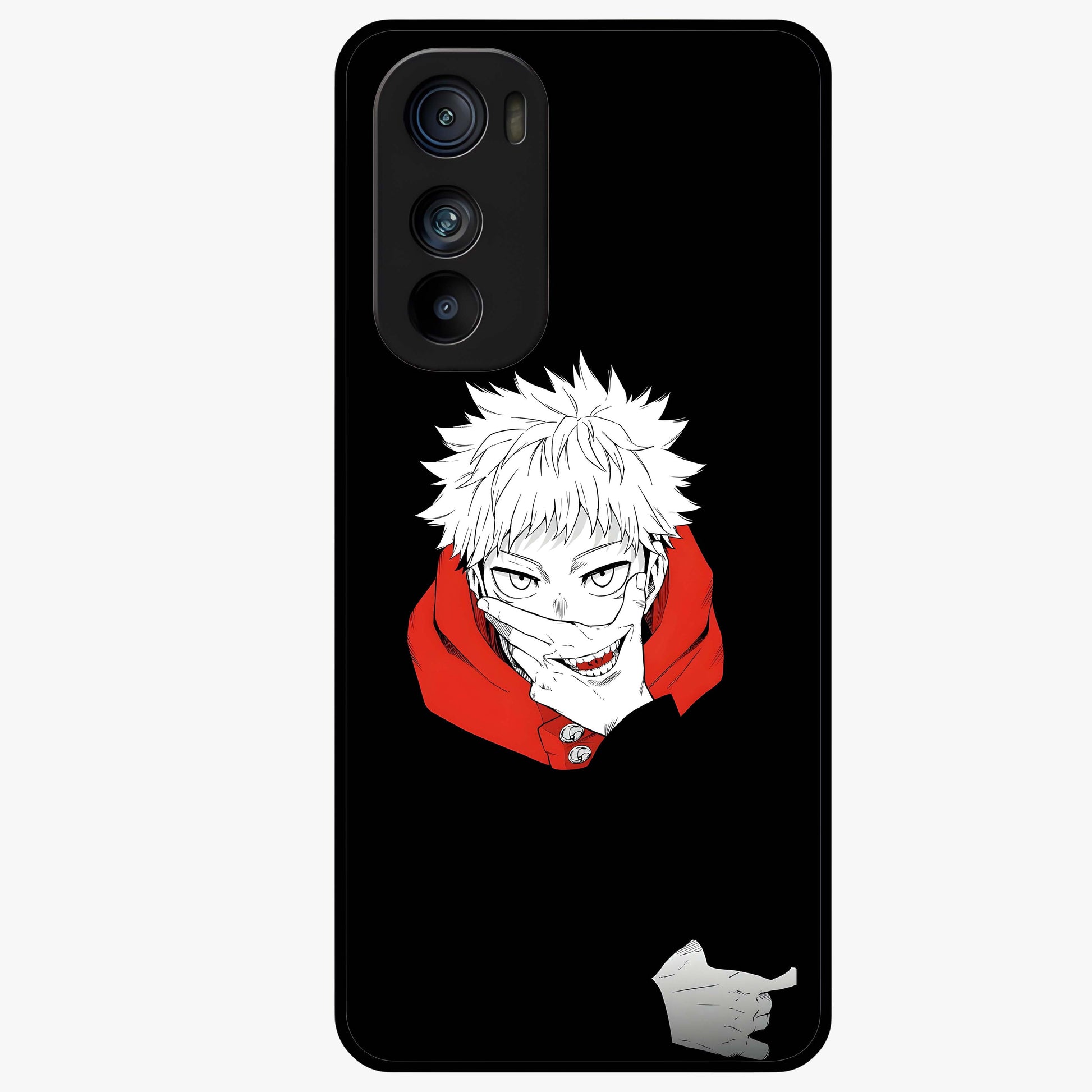 Crimson Chaos Smile Glass Case showing flat back view with bold chaotic smile artwork and glossy glass finish.