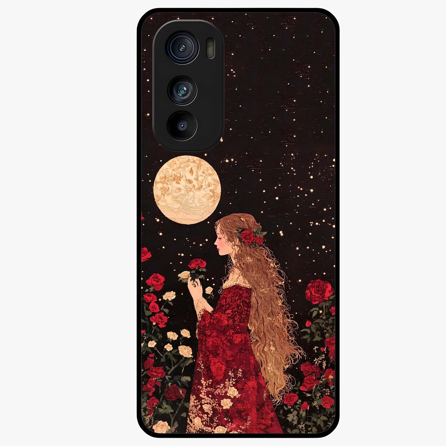 Crimson Dreams Glass Case showing flat back view with dreamy crimson artwork and glossy glass finish.