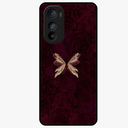 Crimson Fade Butterfly Glass Case showing flat back view with fading butterfly artwork and glossy glass finish.