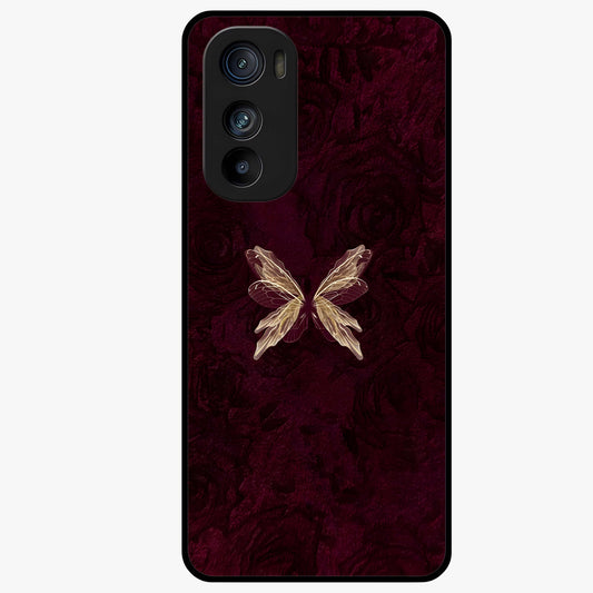 Crimson Fade Butterfly Glass Case showing flat back view with fading butterfly artwork and glossy glass finish.