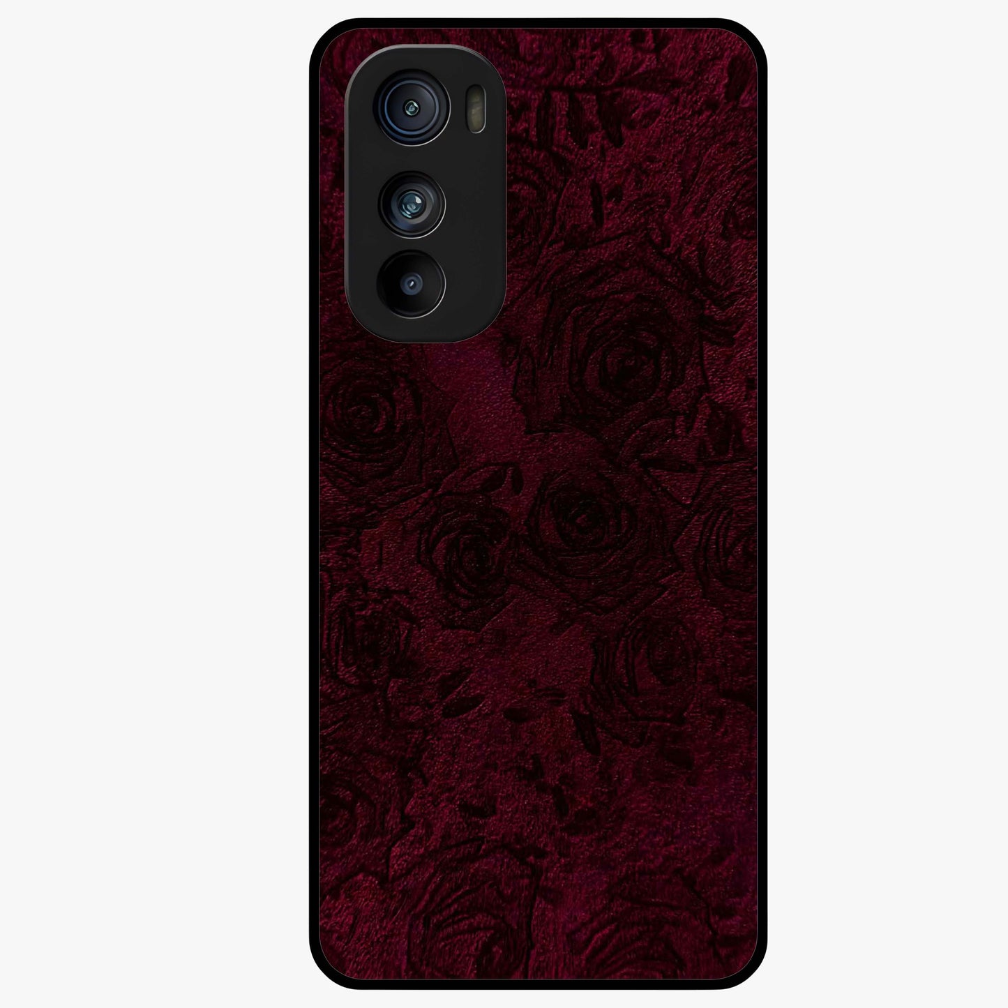 Crimson Fade Flow Glass Case showing flat back view with flowing crimson gradient artwork and glossy glass finish.
