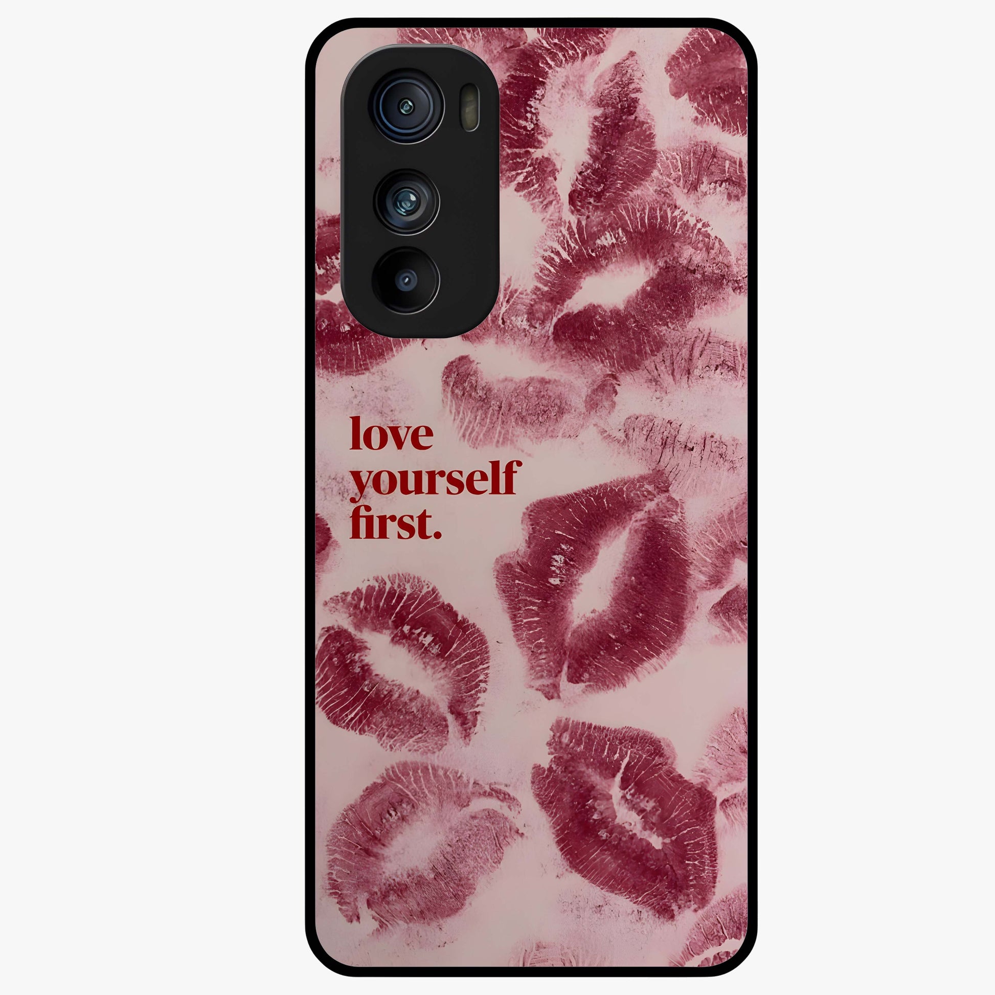 Crimson Kiss Love Glass Case showing flat back view with romantic crimson themed artwork and glossy glass finish.