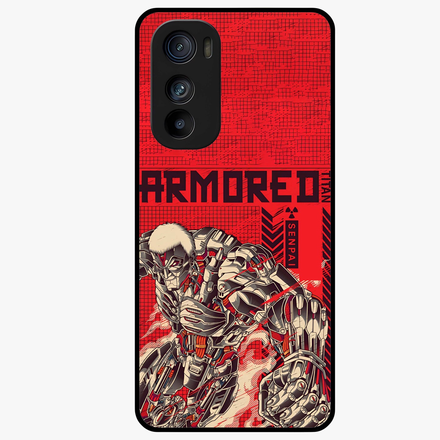 Crimson Mecha Titan Glass Case showing flat back view with powerful mech titan artwork and glossy glass finish.