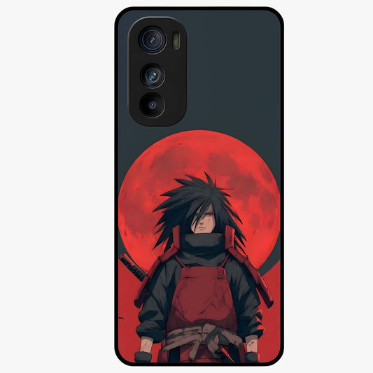 Crimson Moon Warlord Glass Case showing flat back view with mystical moon warrior artwork and glossy glass finish.