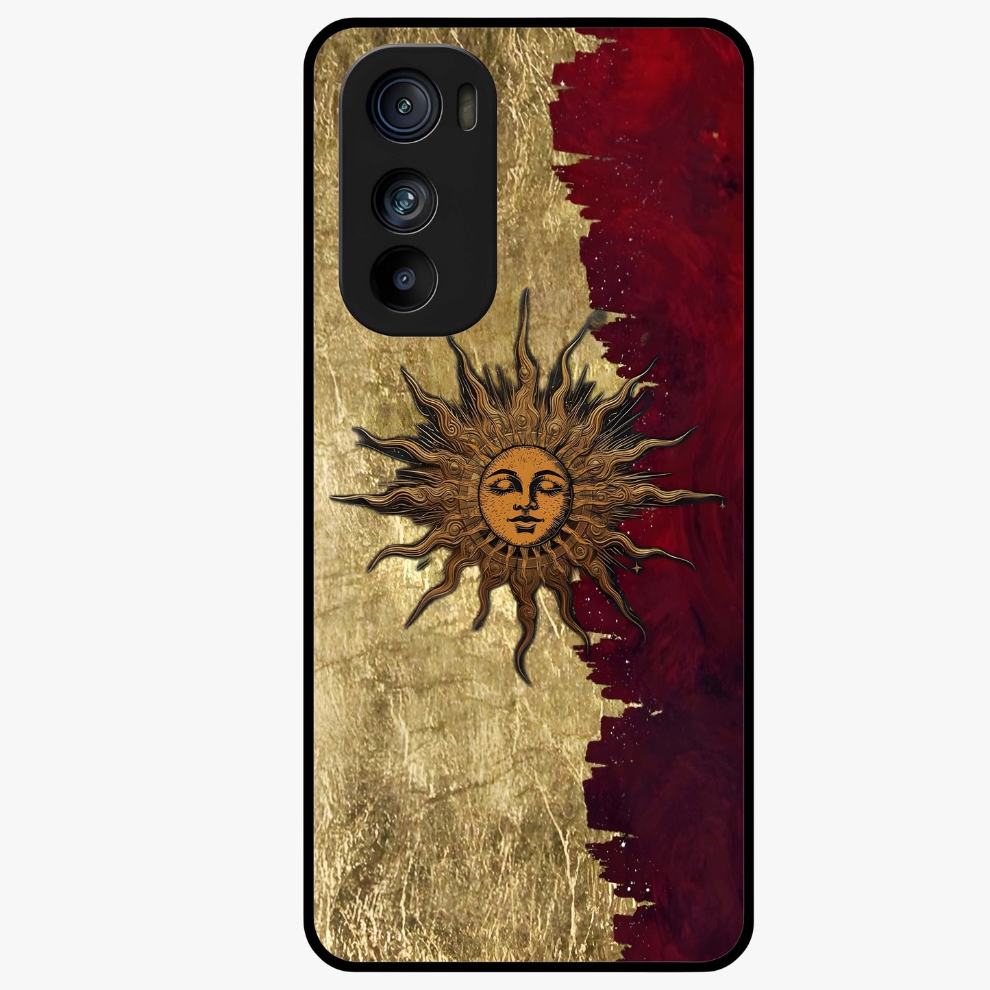 Crimson Sun Majesty Glass Case showing flat back view with radiant sun inspired artwork and glossy glass finish.