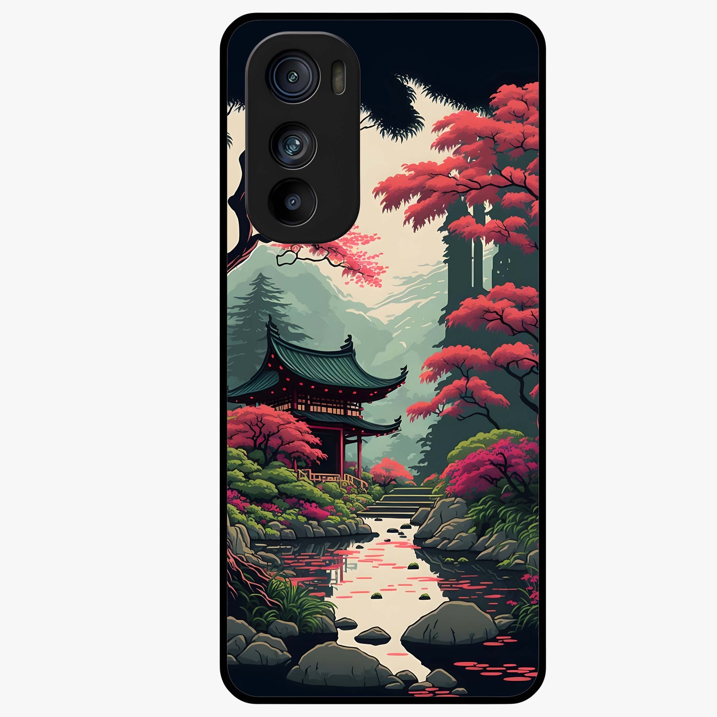Crimson Temple View Glass Case showing flat back view with temple inspired artwork and glossy glass finish.