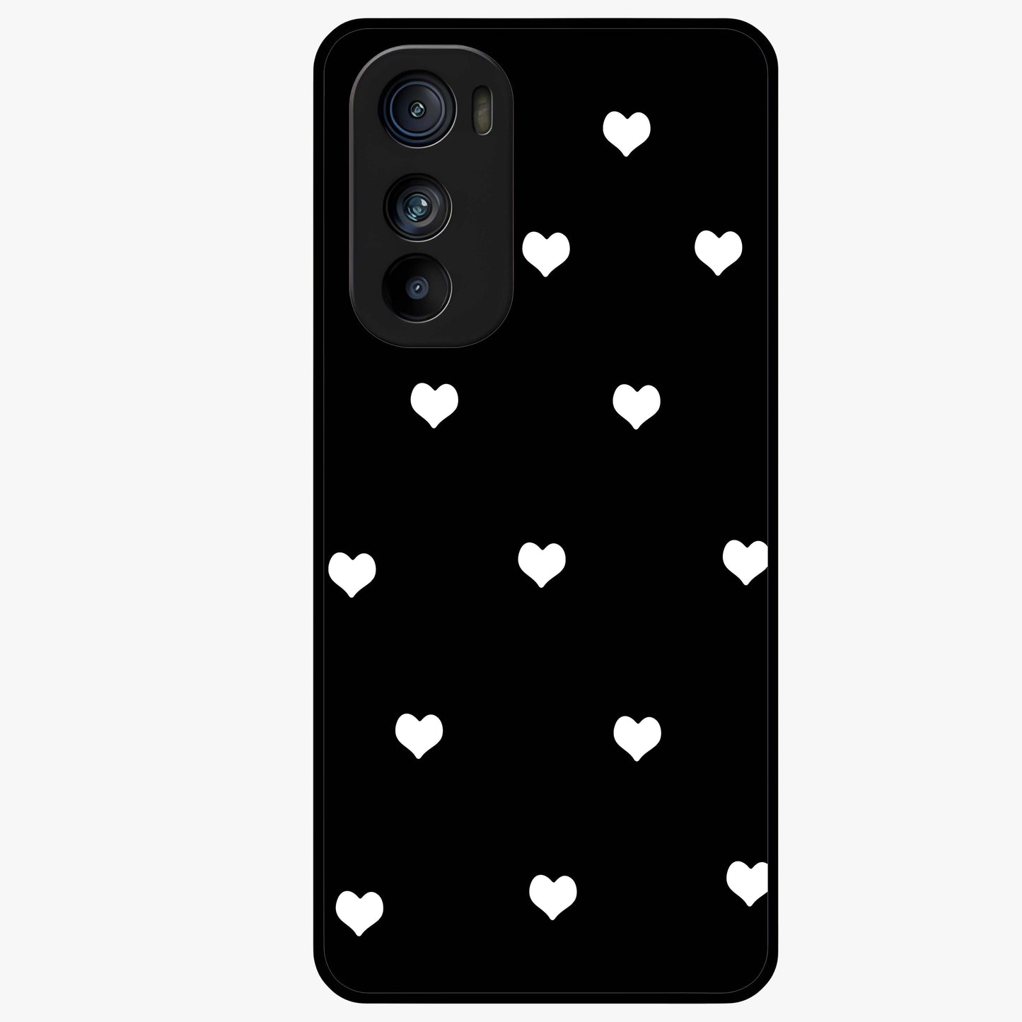 Cute And Simple White Hearts Glass Case showing flat back view with minimal white heart pattern and glossy glass finish.