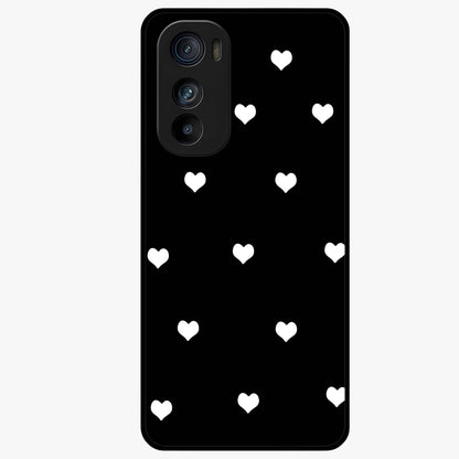 Cute And Simple White Hearts Glass Case showing flat back view with minimal white heart pattern and glossy glass finish.
