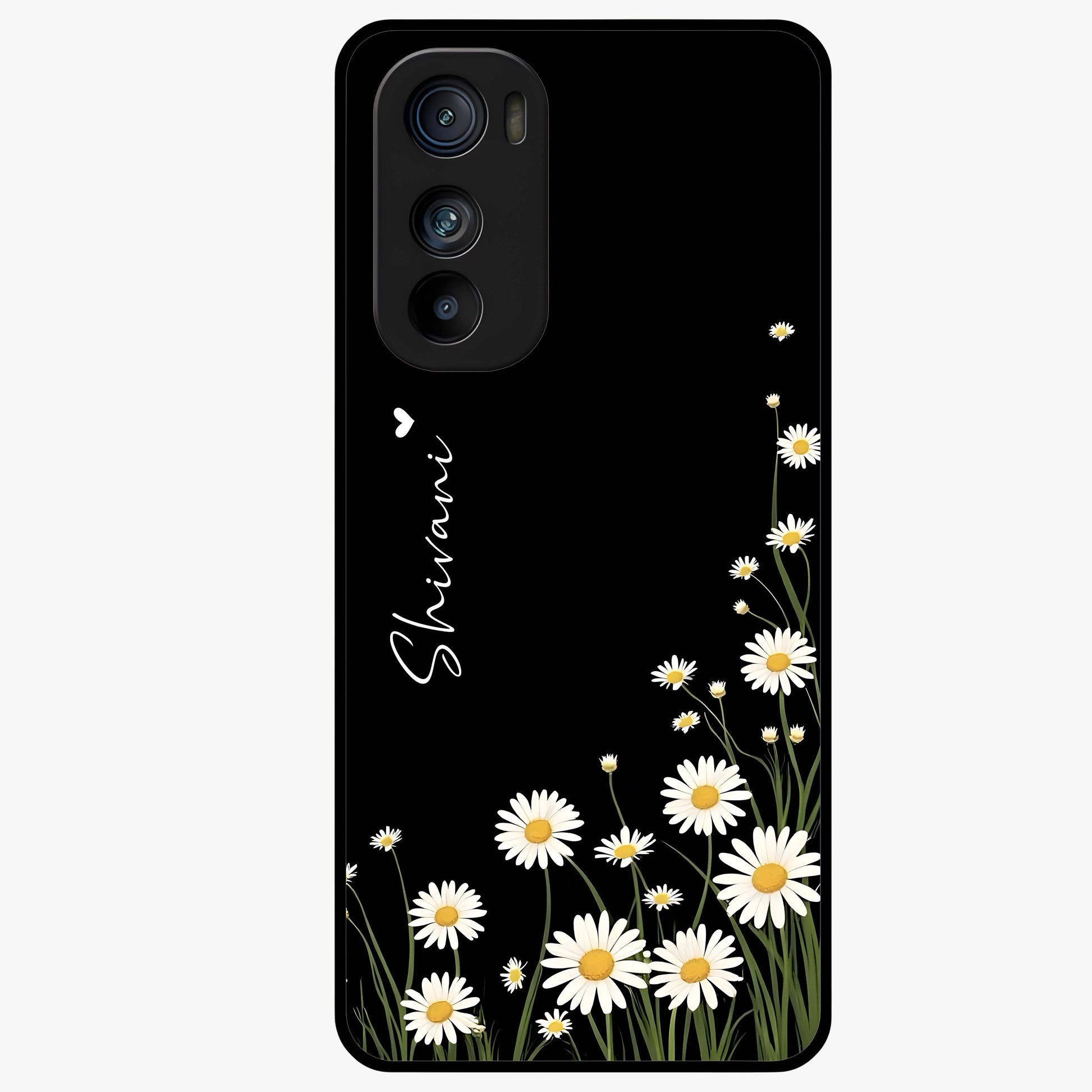 Daisy Cascade Custom Name Glass Case showing flat back view with cascading daisy flowers and personalized name design.