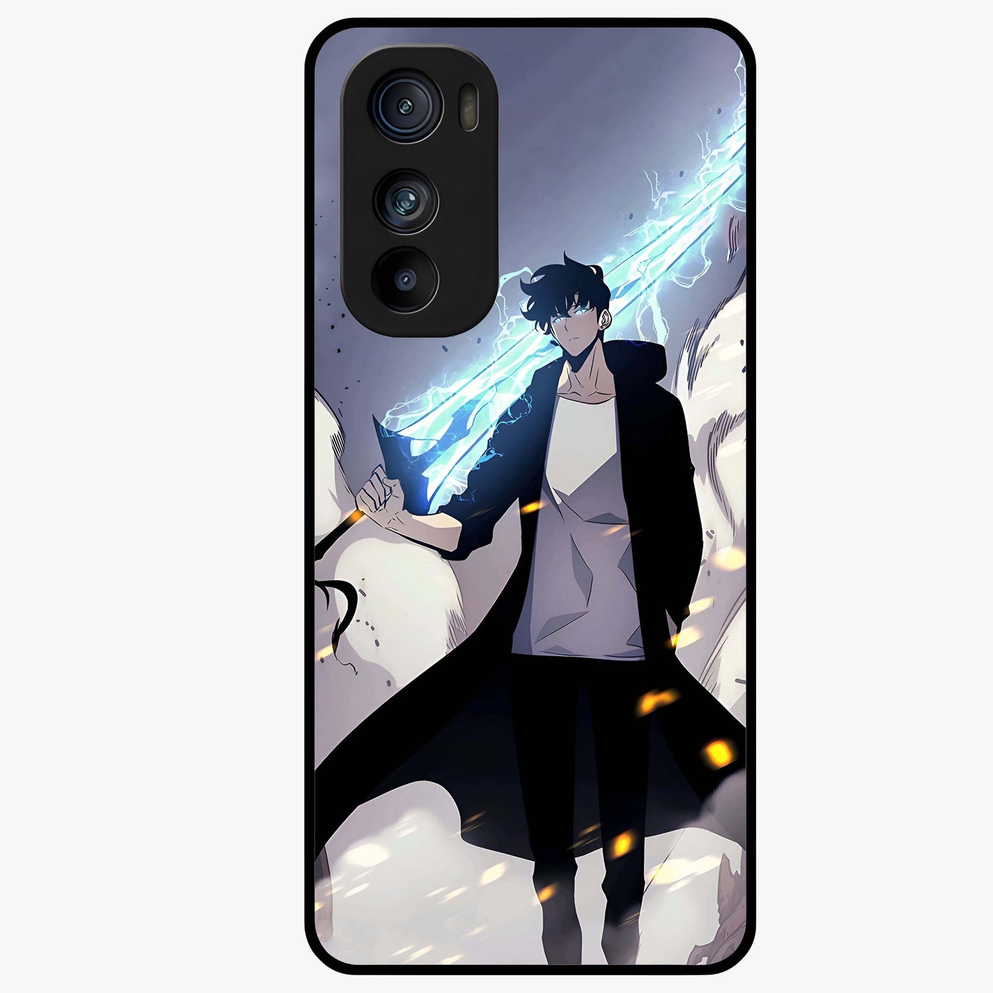 Dark Lightning Anime Warrior Glass Case showing flat back view with intense anime warrior artwork and glossy glass finish.