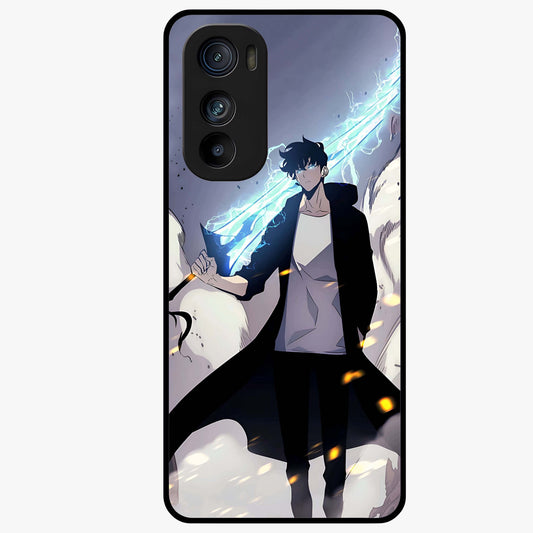 Dark Lightning Anime Warrior Glass Case showing flat back view with intense anime warrior artwork and glossy glass finish.