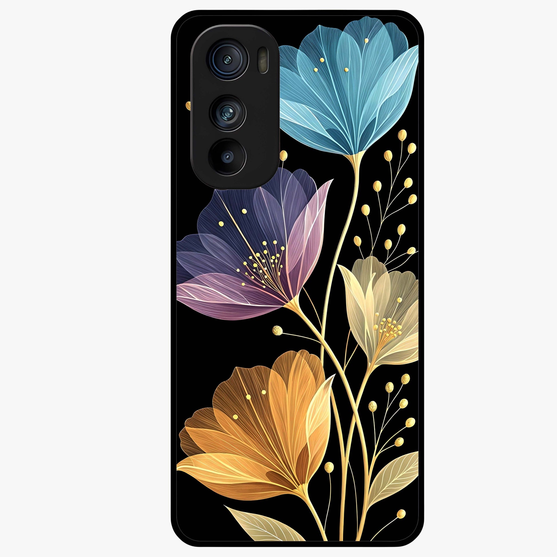 Delicate Multicolor Flowers Glass Case showing flat back view with vibrant floral artwork and glossy glass finish.