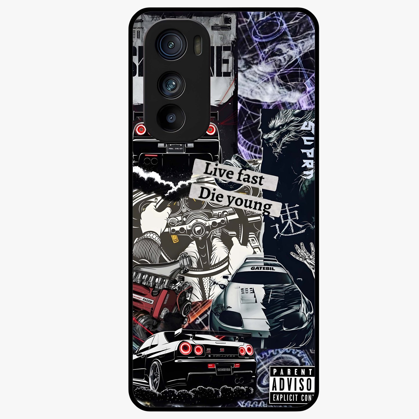 Die Young Glass Case showing flat back view with bold artistic typography design and glossy glass finish.
