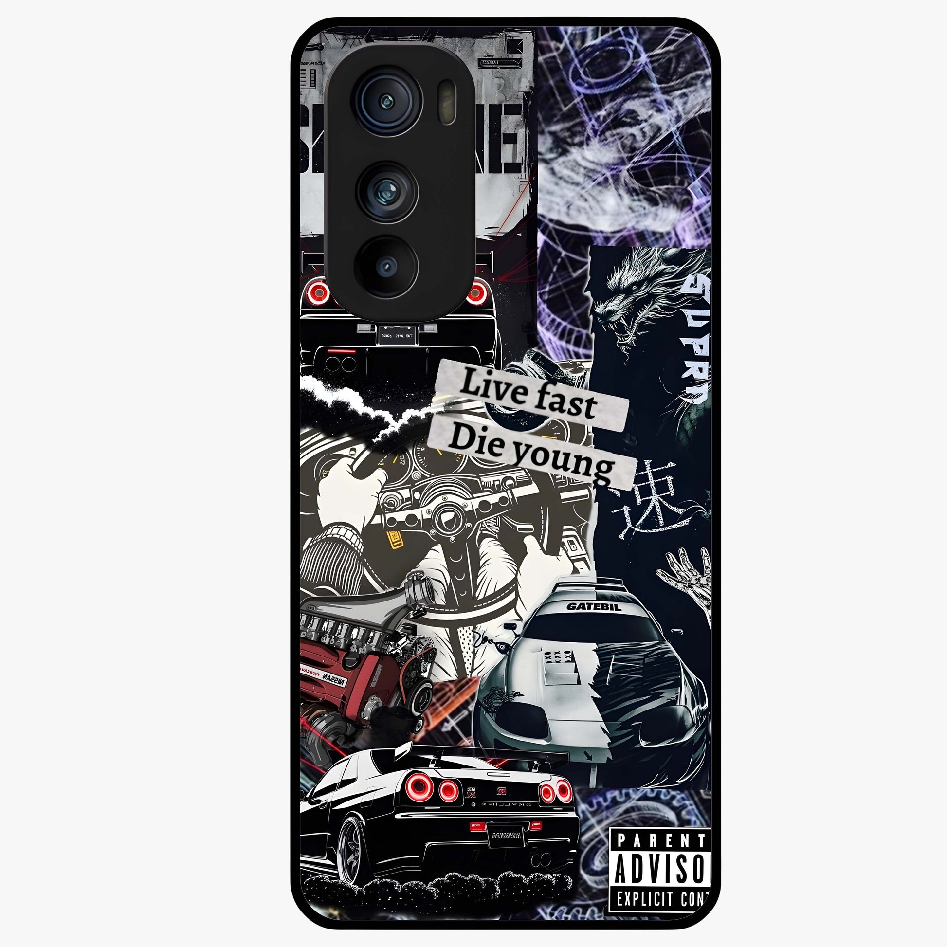 Die Young Glass Case showing flat back view with bold artistic typography design and glossy glass finish.