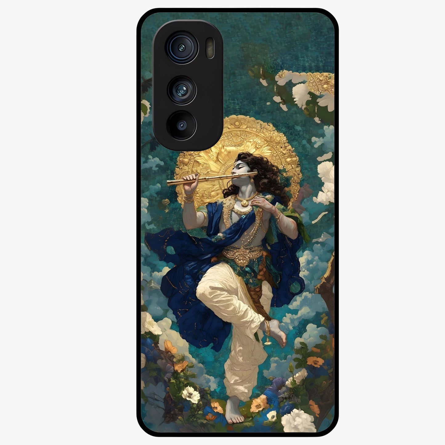 Divine Krishna Art Glass Case showing flat back view with Lord Krishna artwork and glossy glass finish.