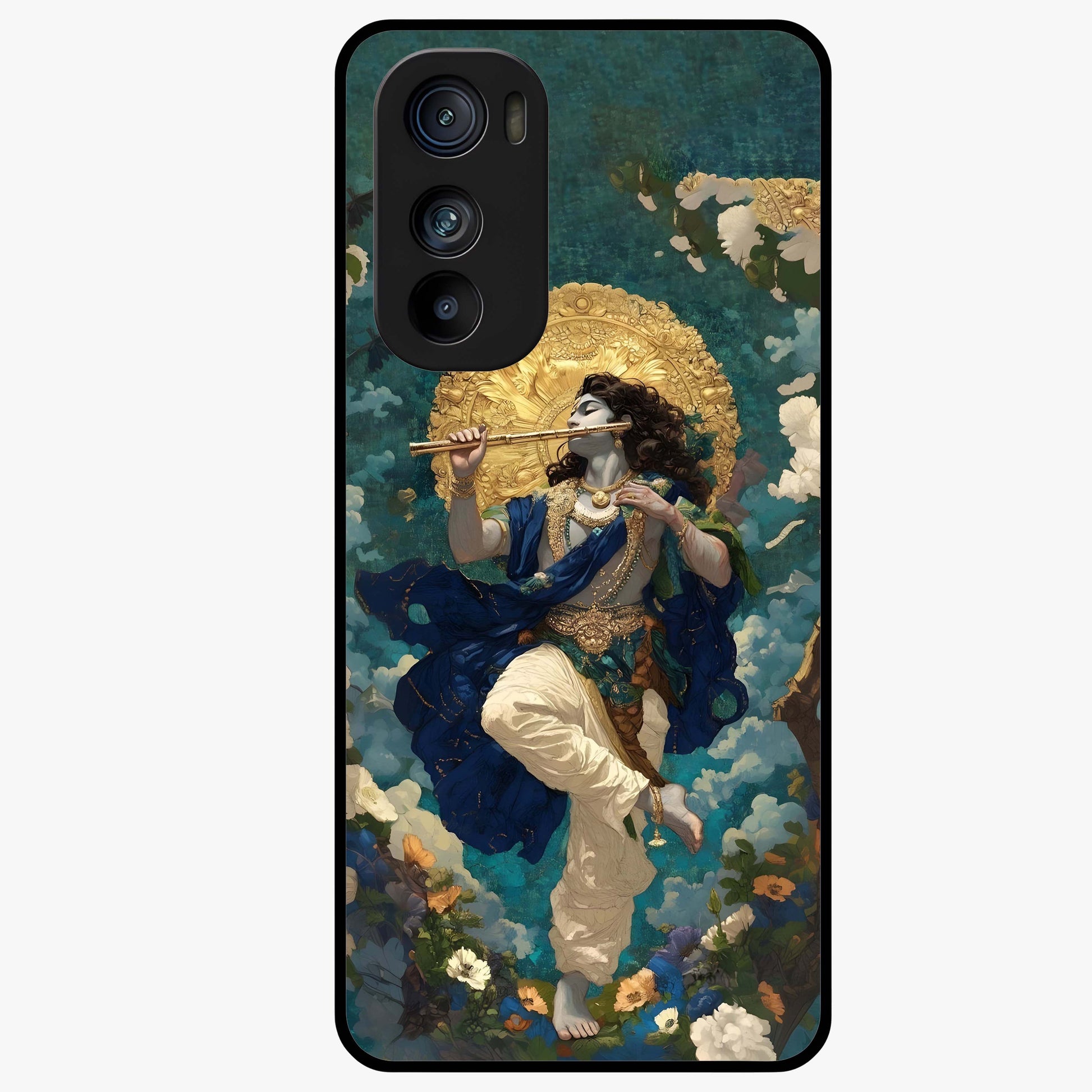 Divine Krishna Art Glass Case showing flat back view with Lord Krishna artwork and glossy glass finish.