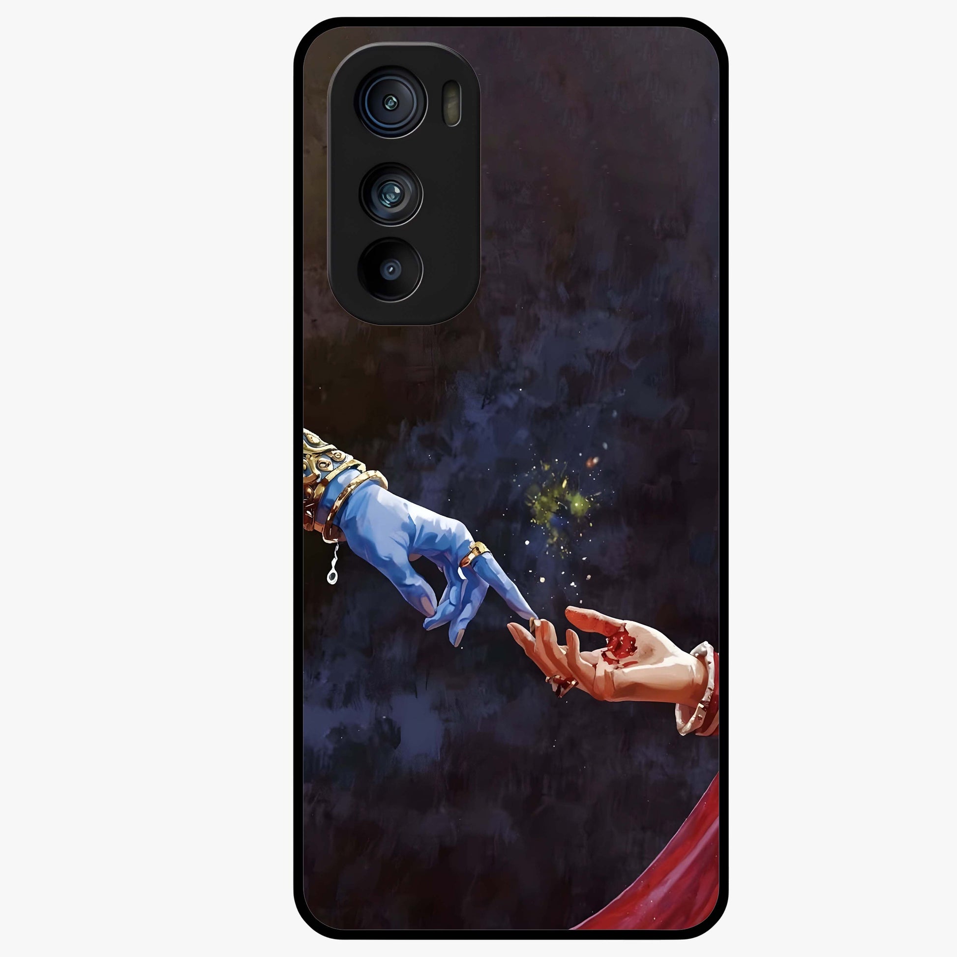 Divine Touch Eternal Glass Case showing flat back view with spiritual themed artwork and glossy glass finish.