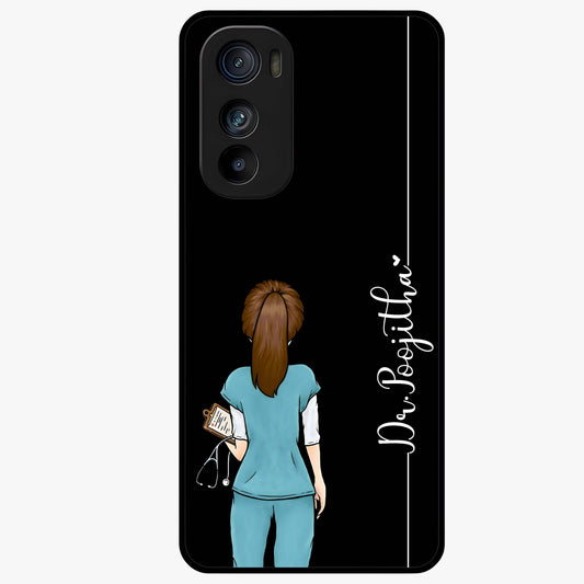 Doctor Pattern Custom Name Glass Case showing flat back view with medical themed pattern and personalized name design.