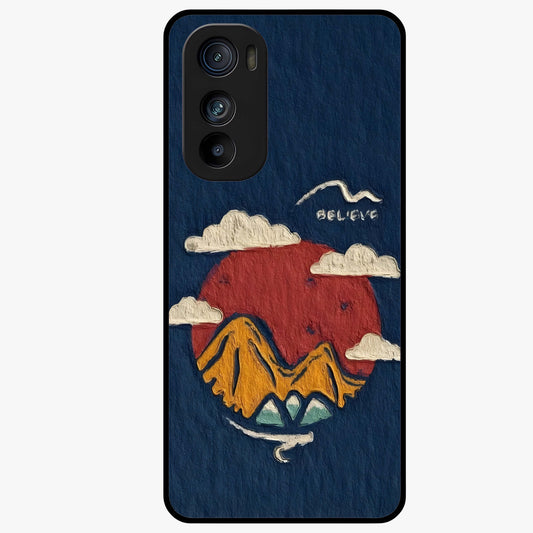 Dream Beyond Mountains Glass Case showing flat back view with scenic mountain landscape artwork and glossy glass finish.