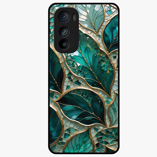 Emerald Leaf Glass Glass Case showing flat back view with emerald green leaf artwork and glossy glass finish.