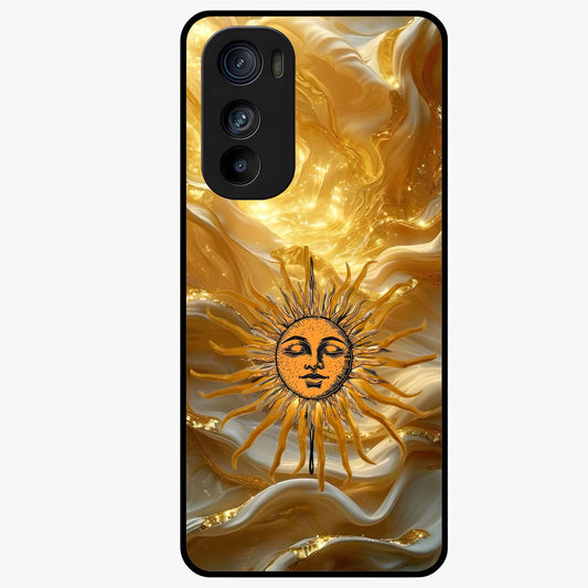 Eternal Golden Glow Glass Case showing flat back view with radiant golden themed artwork and glossy glass finish.