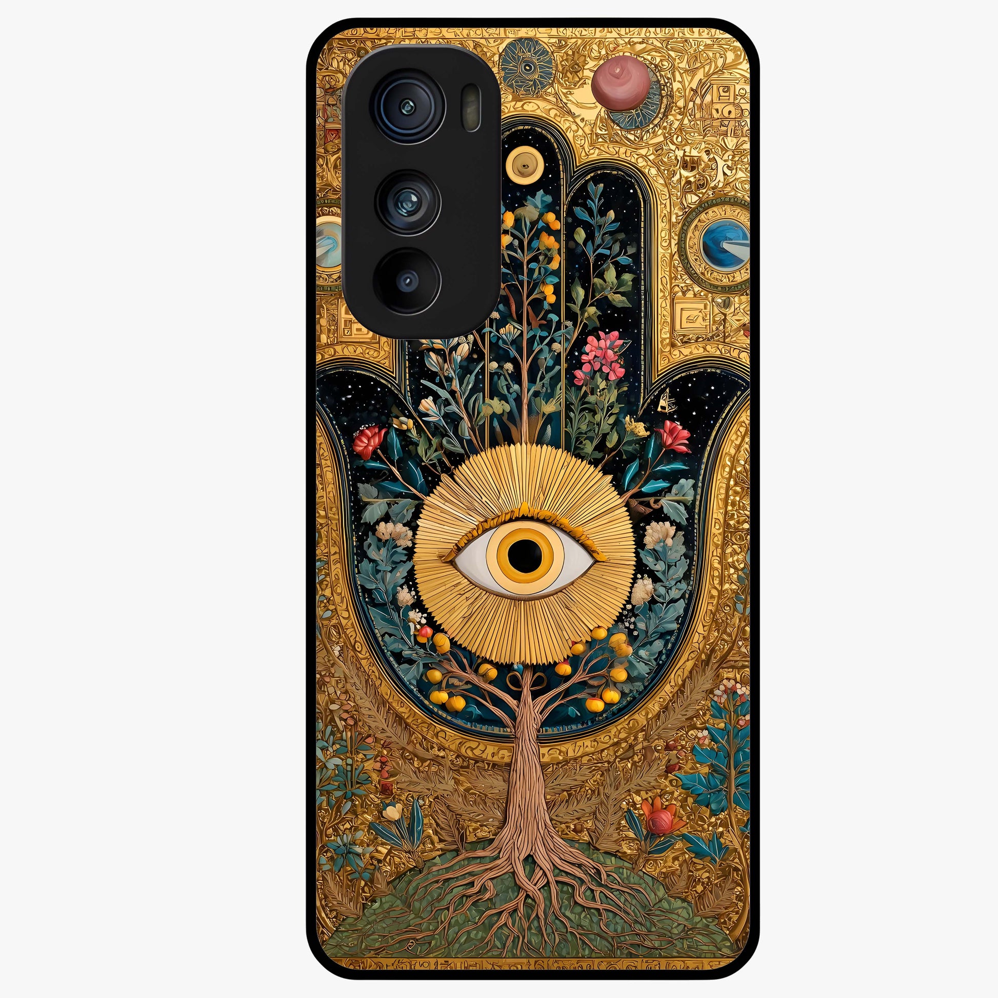 Ethereal Evil Eye Glass Case showing flat back view with mystical evil eye artwork and glossy glass finish.