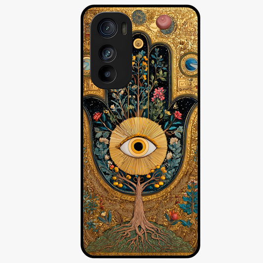 Ethereal Evil Eye Glass Case showing flat back view with mystical evil eye artwork and glossy glass finish.