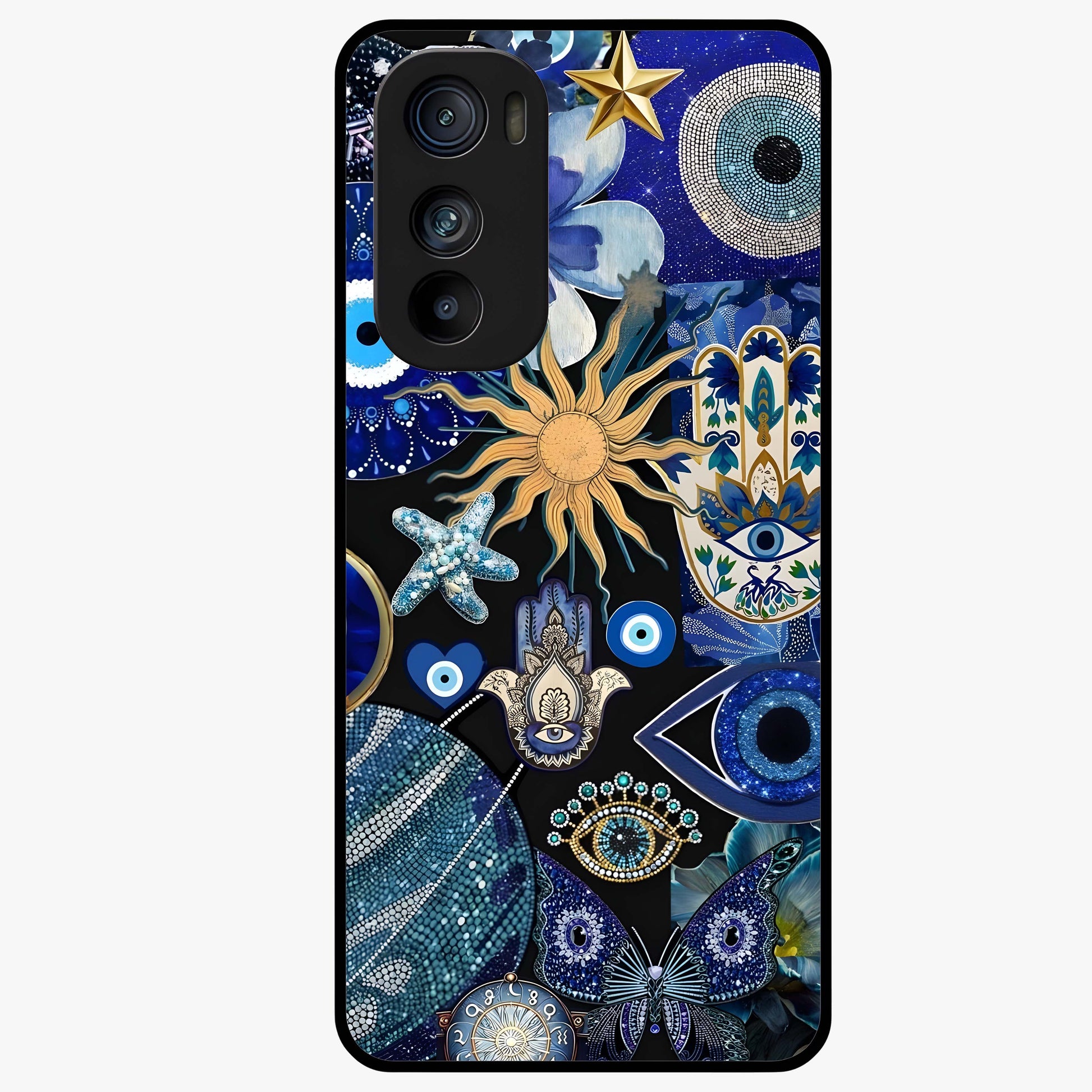 Evil Eye Charm Mix Glass Case showing flat back view with multiple evil eye charms artwork and glossy glass finish.