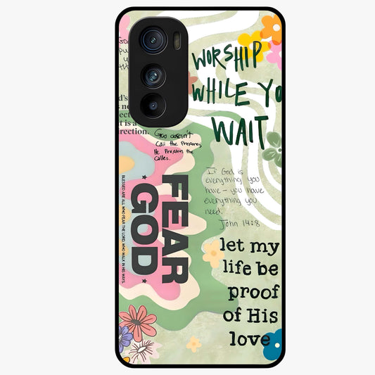 Faith Over Fear Glass Case showing flat back view with motivational typography artwork and glossy glass finish.