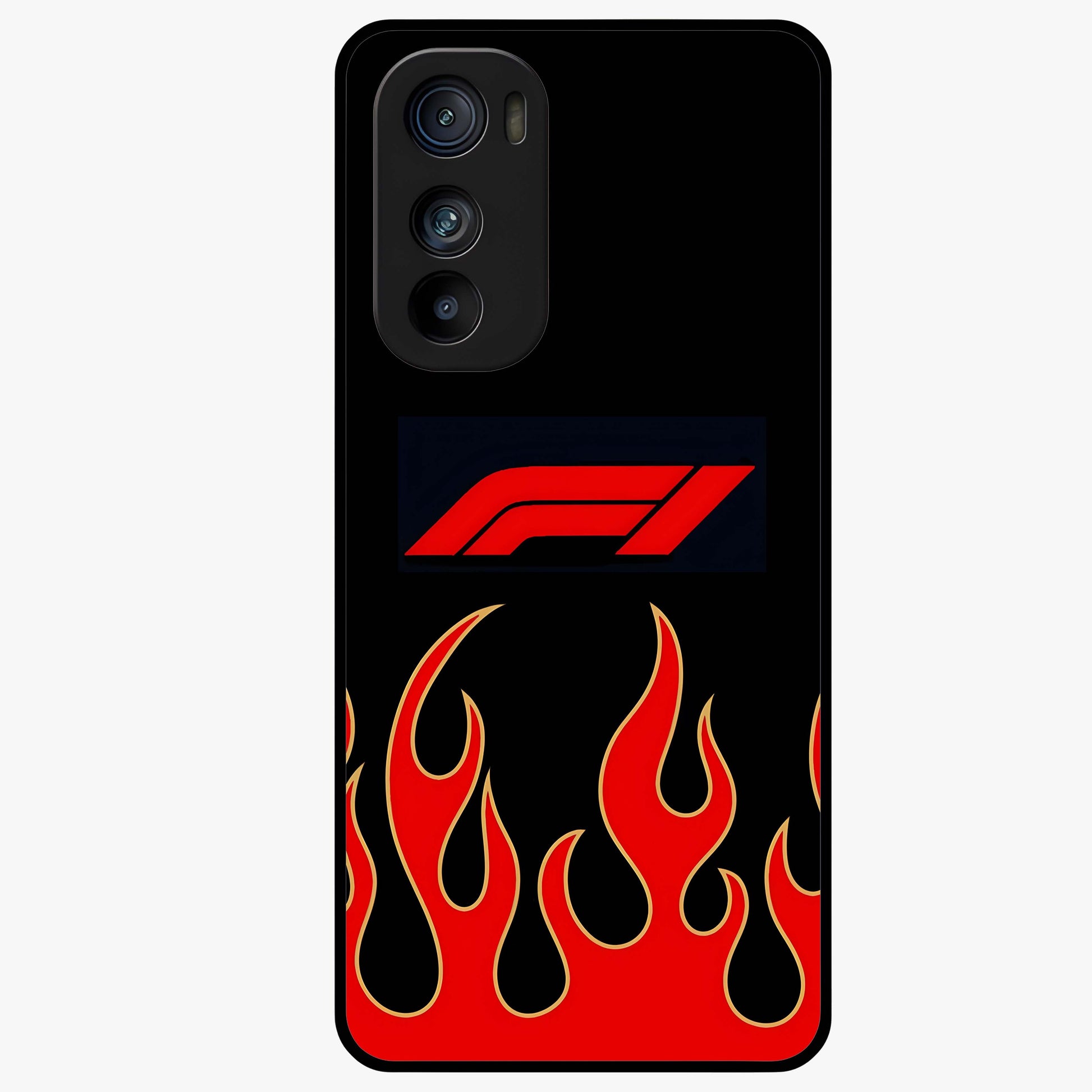 Fire F11 Glass Case showing flat back view with fiery themed artwork and glossy glass finish.