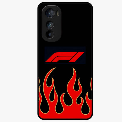 Fire F11 Glass Case showing flat back view with fiery themed artwork and glossy glass finish.