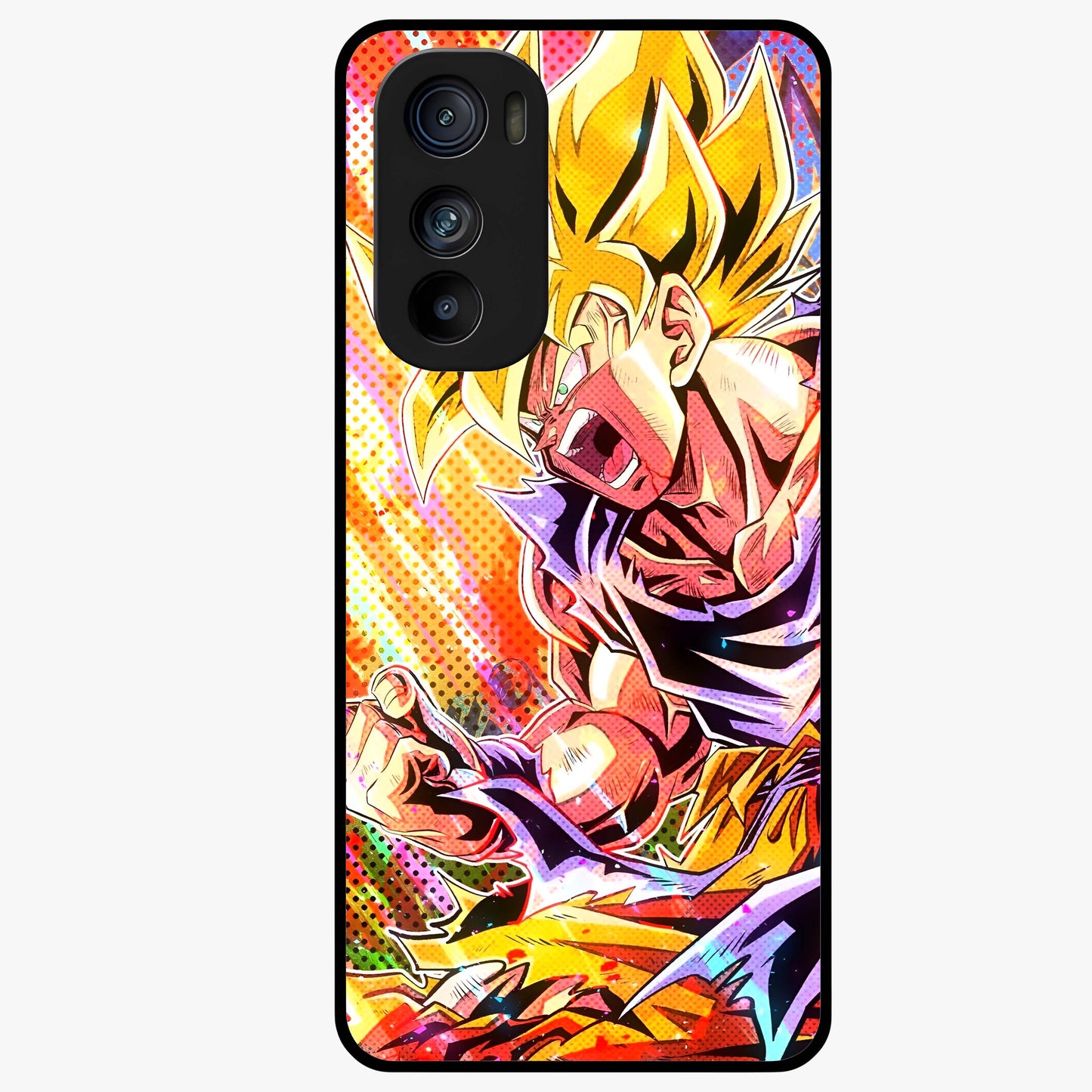 Firing Goku Glass Case showing flat back view with powerful anime inspired artwork and glossy glass finish.