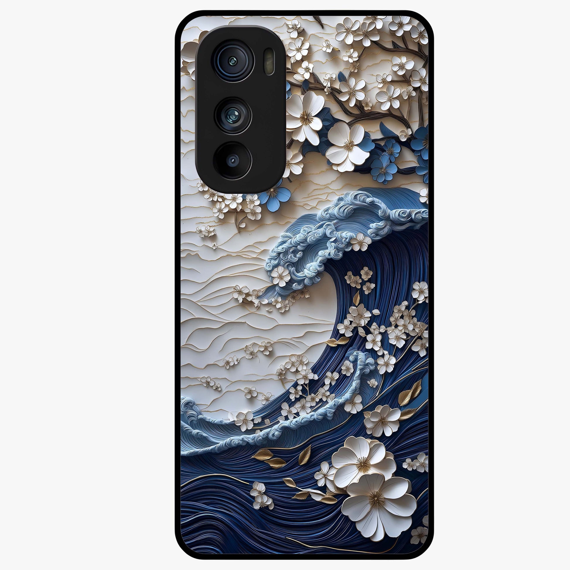 Floral Wave Origami Glass Case showing flat back view with origami inspired floral wave artwork and glossy glass finish.