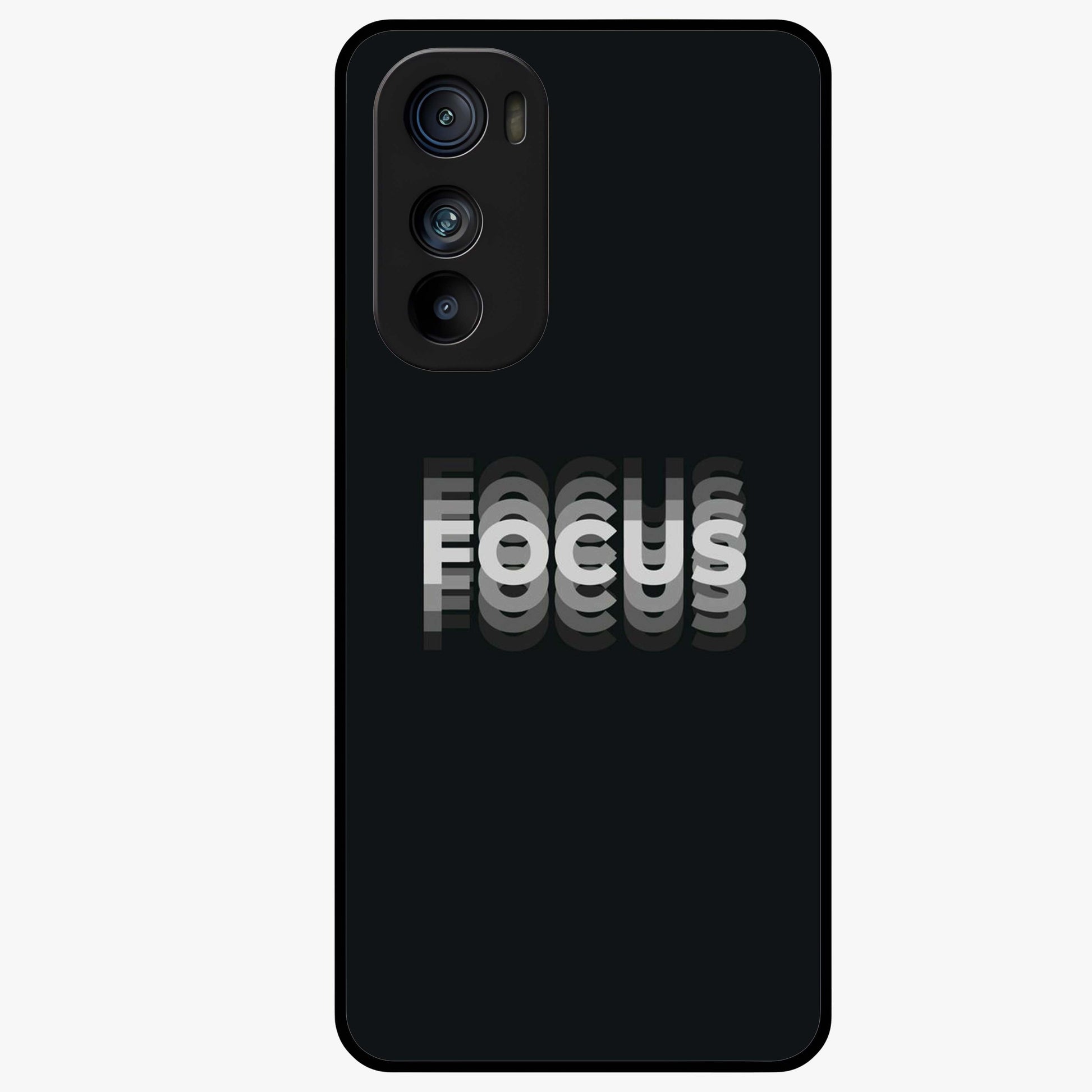Focus Mode On Glass Case showing flat back view with bold motivational typography design and glossy glass finish.